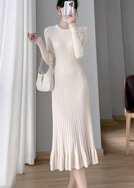 Apricot O Neck Ruffled Knit Long Sweater Dress Fall