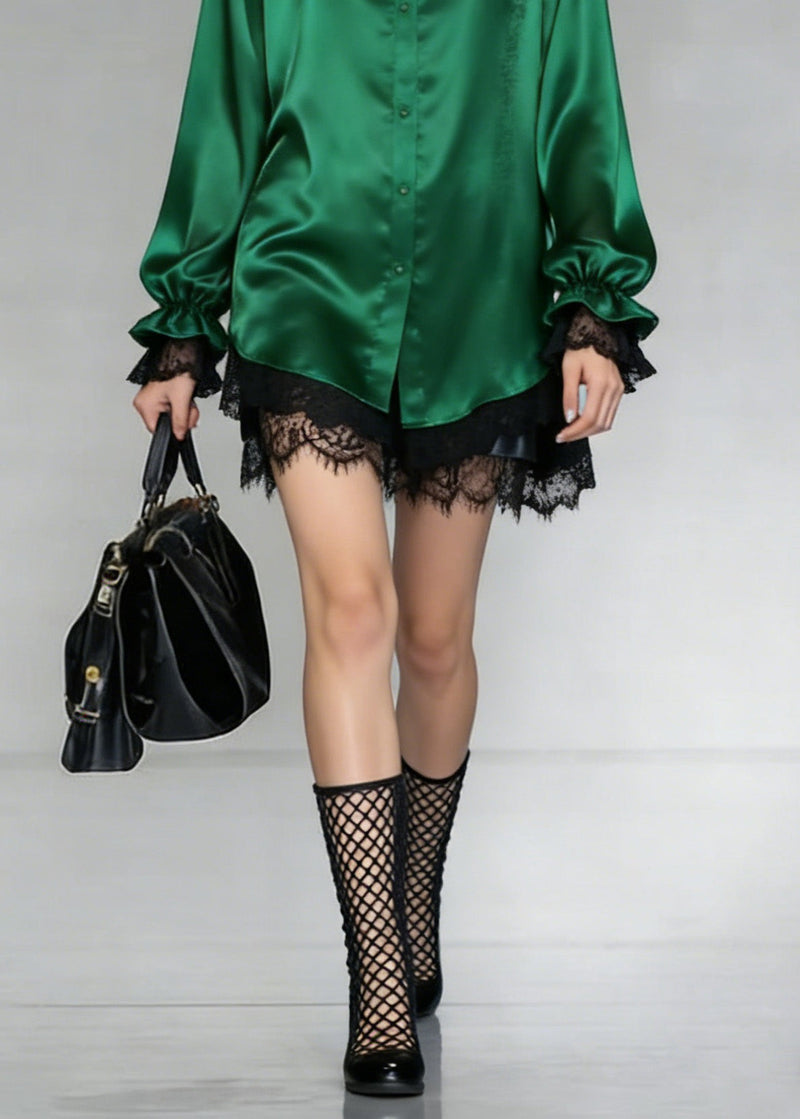 Green Peter Pan Collar Patchwork Silk Shirt Spring