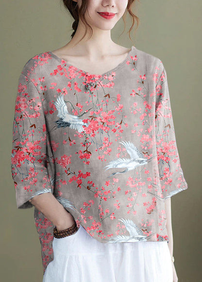 Diy Pink Flower Embroidered Side Open Half Sleeve Top