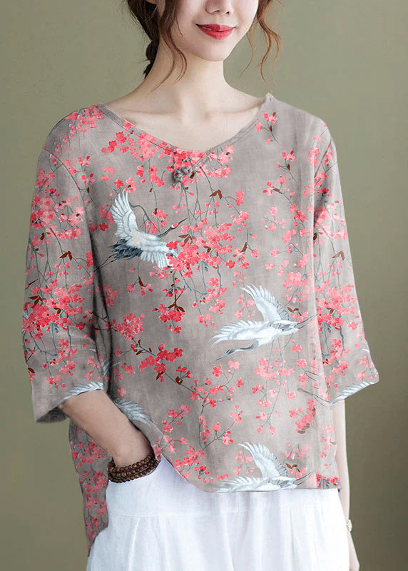 Diy Pink Flower Embroidered Side Open Half Sleeve Top