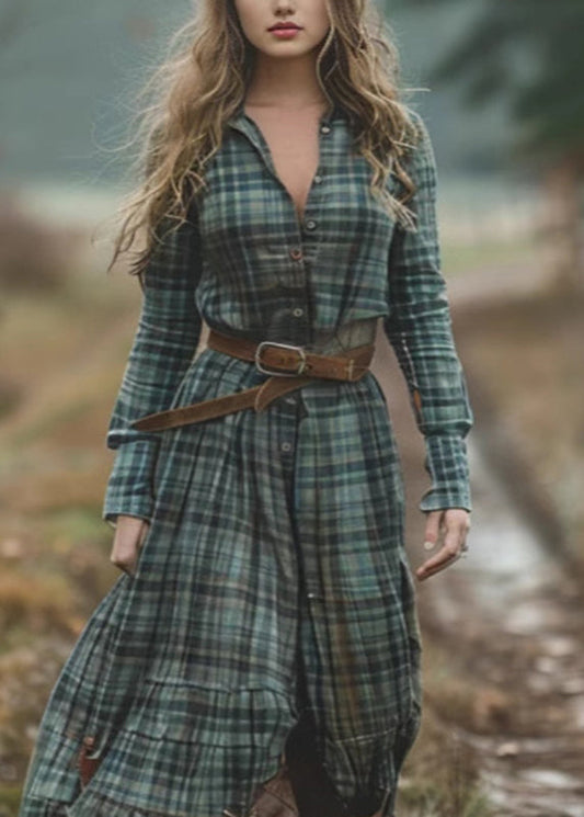 -green-v-neck-plaid-button-chiffon-long-dress-spring