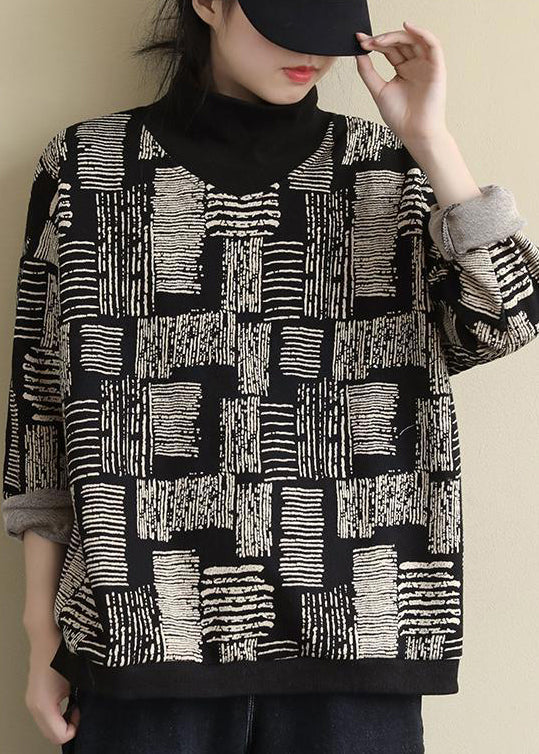 Black Turtleneck Print Patchwork Warm Fleece Tops Long Sleeve