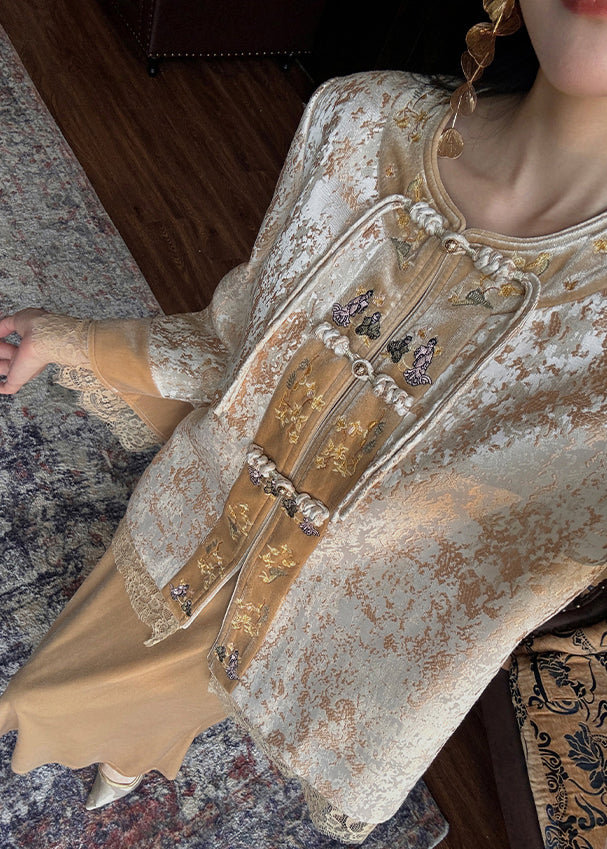 New Yellow Chinese Button Coat and Silk Velvet Skirts Two Pieces Set Fall