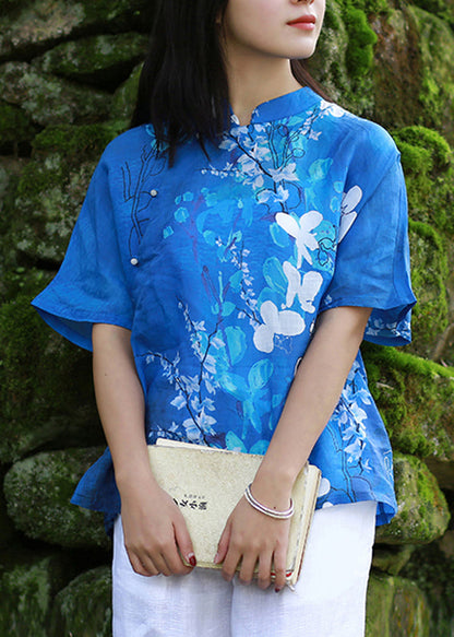 Blue Stand Collar Print Side Open Shirt Short Sleeve