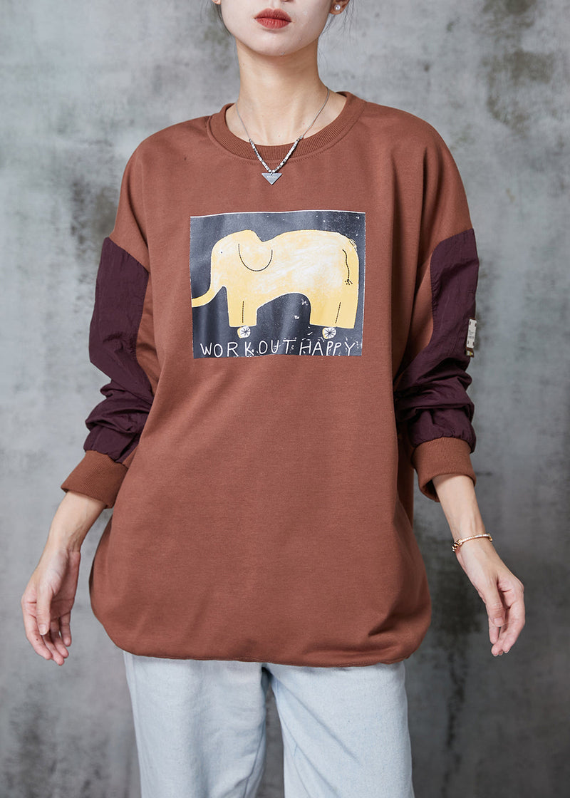 Brown Oversized Patchwork Cotton Sweatshirt Spring