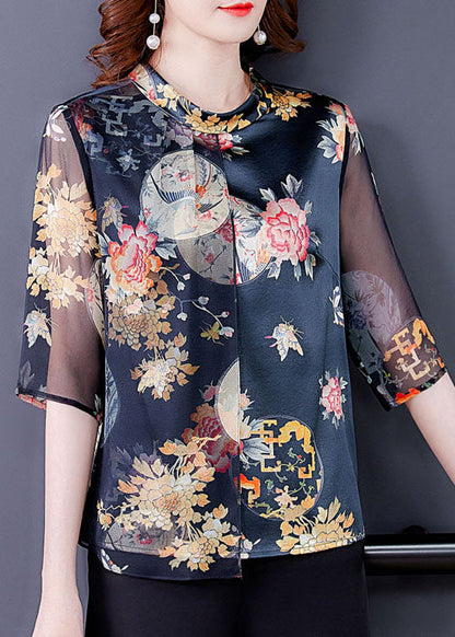 Black Stand Collar Patchwork Tulle Print Silk Shirts Half Sleeve