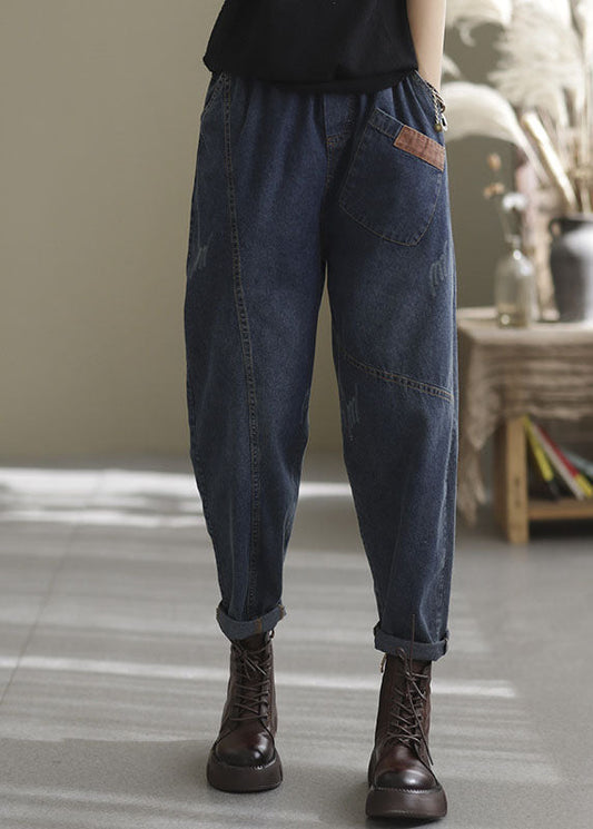 Natural Blue Elastic Waist Pockets Denim Pants Spring