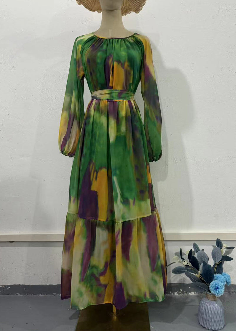 Green O Neck Print Chiffon Dresses Fall