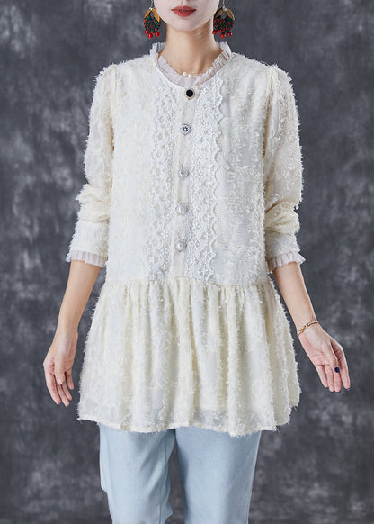 Beige Silm Fit Patchwork Lace Cotton Blouses Fall