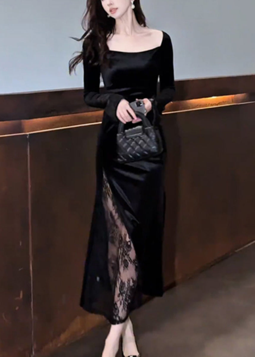 Slim Fit Black Square Collar Lace Patchwork Silk Velvet Long Dress Fall