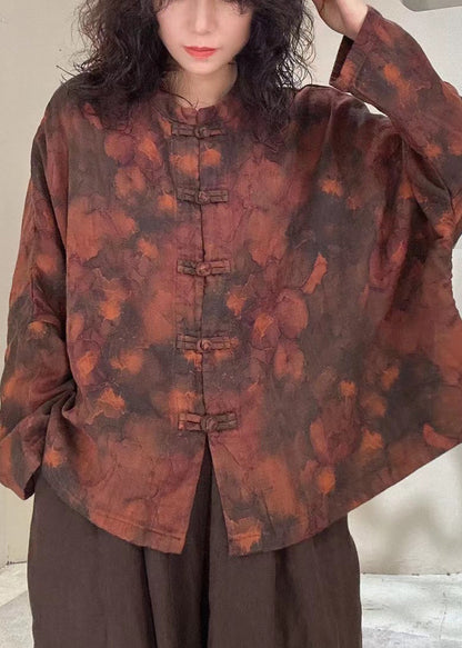 Mulberry Stand Collar Print Chinese Button Linen Blouses Spring