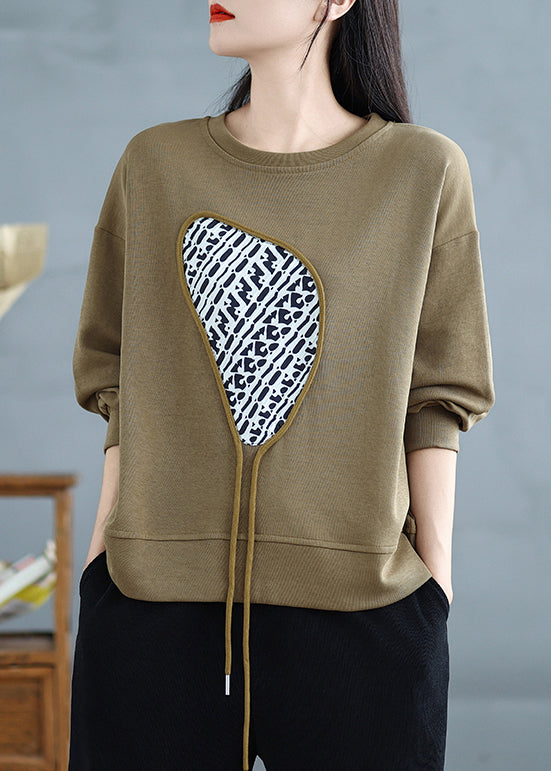 Khaki Print Cotton Pullover Tasseled Spring