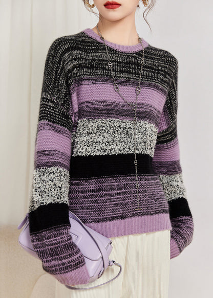 Purple O Neck Patchwork Cozy Cotton Knit Sweaters Fall