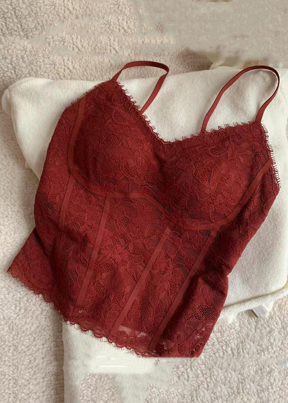Slim Fit Red V Neck Lace Spaghetti Strap Tank Sleeveless