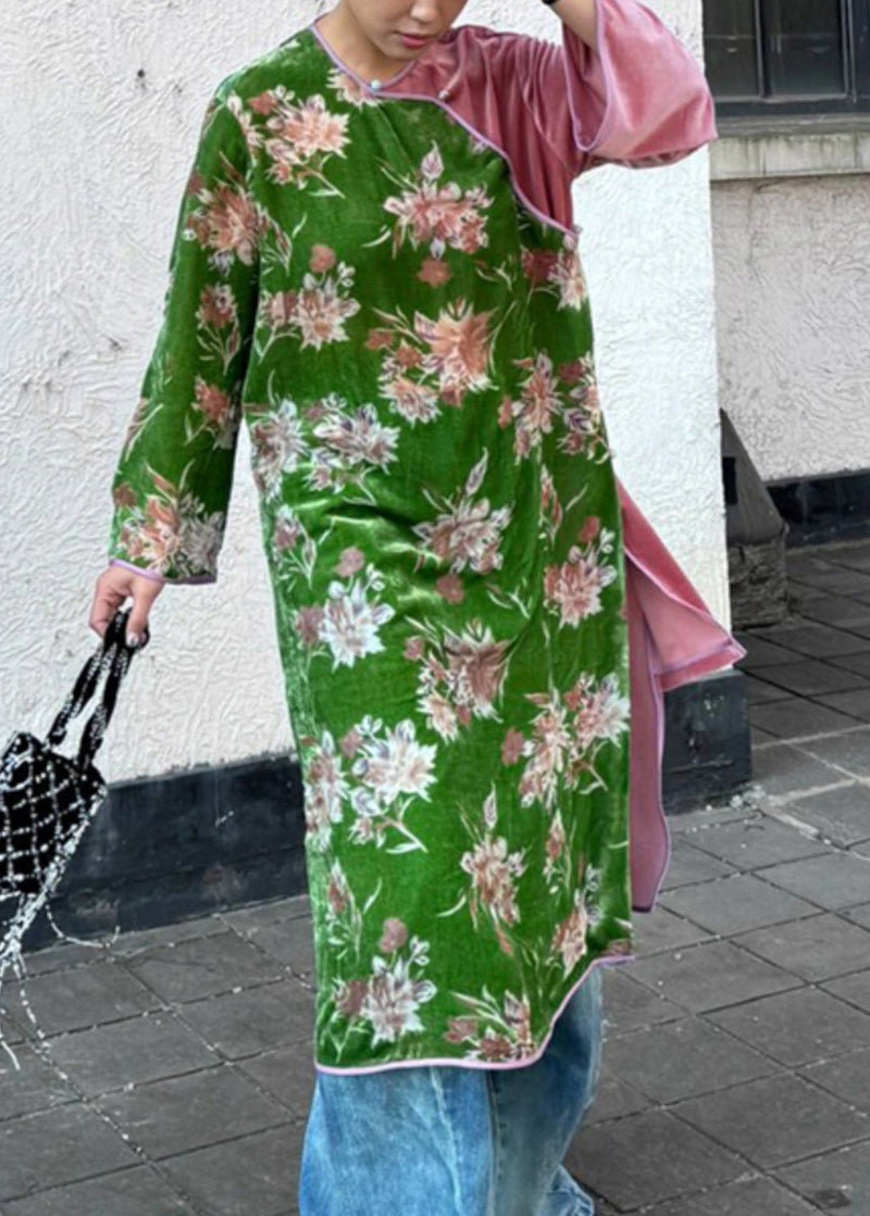 New Green Print Side Open Patchwork Silk Velour Dress Long Sleeve