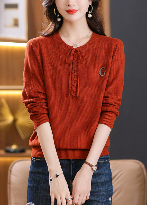 Brick Red O Neck Lace Up Knit Short Sweater Spring
