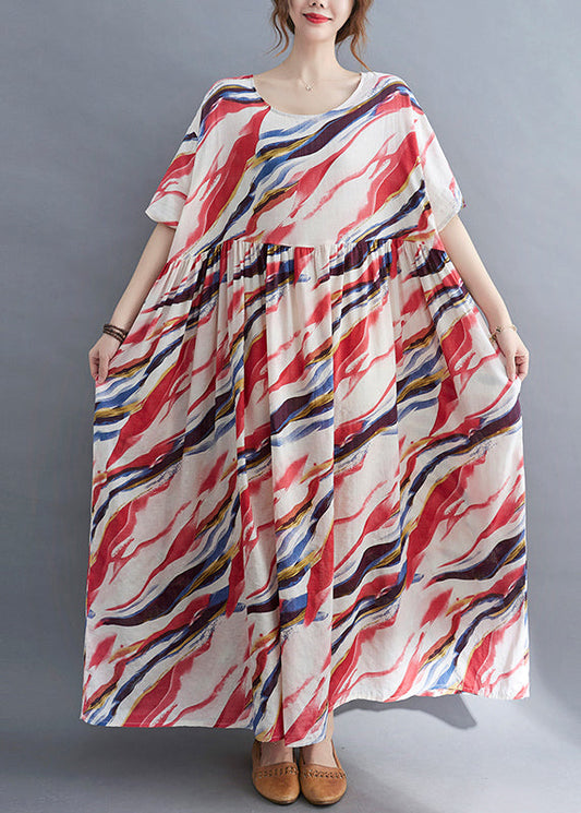 Red O-neck Print Wrinkled Long Dress Short Sleeve