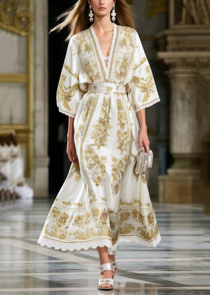 Boutique White Cinched Print Silk Maxi Dresses Summer
