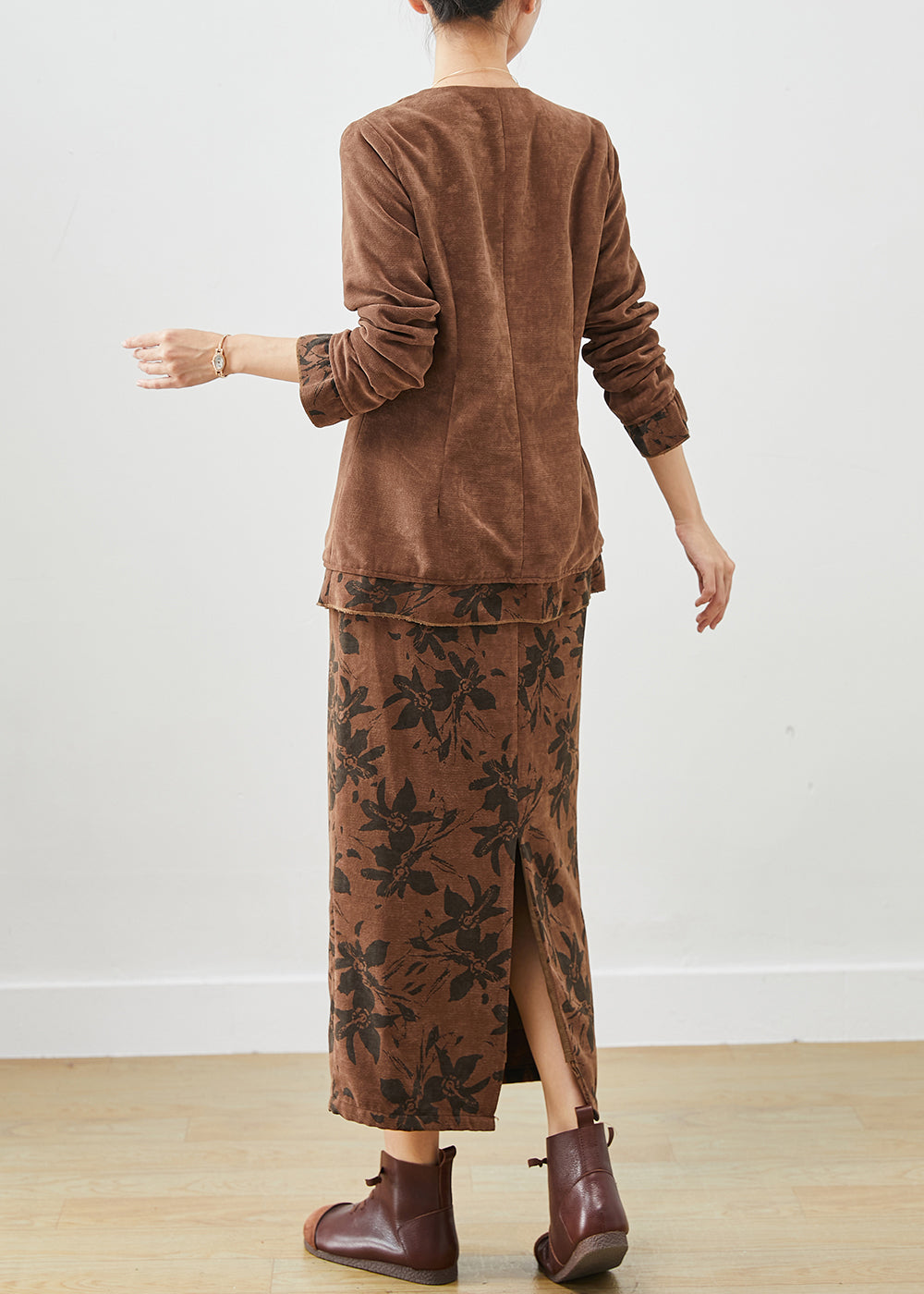 Coffee Print Patchwork Ruffles Cotton Two Pieces Set Winter