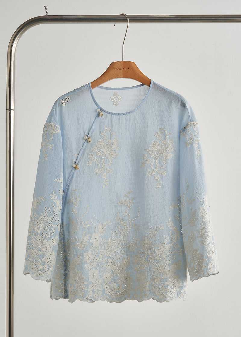 Sky Blue Embroidered Hollow Out Cotton Top Fall
