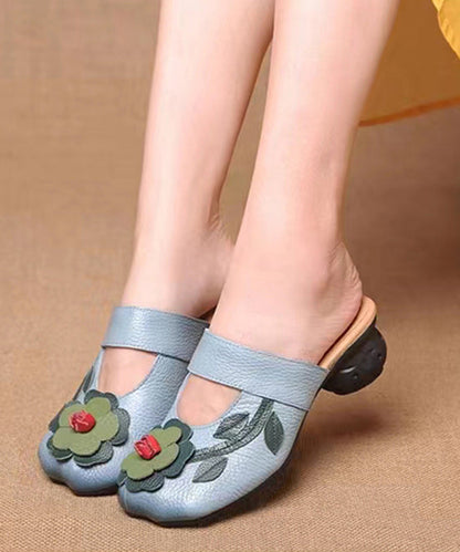Retro Splicing Chunky Blue Cowhide Leather Slide Sandals