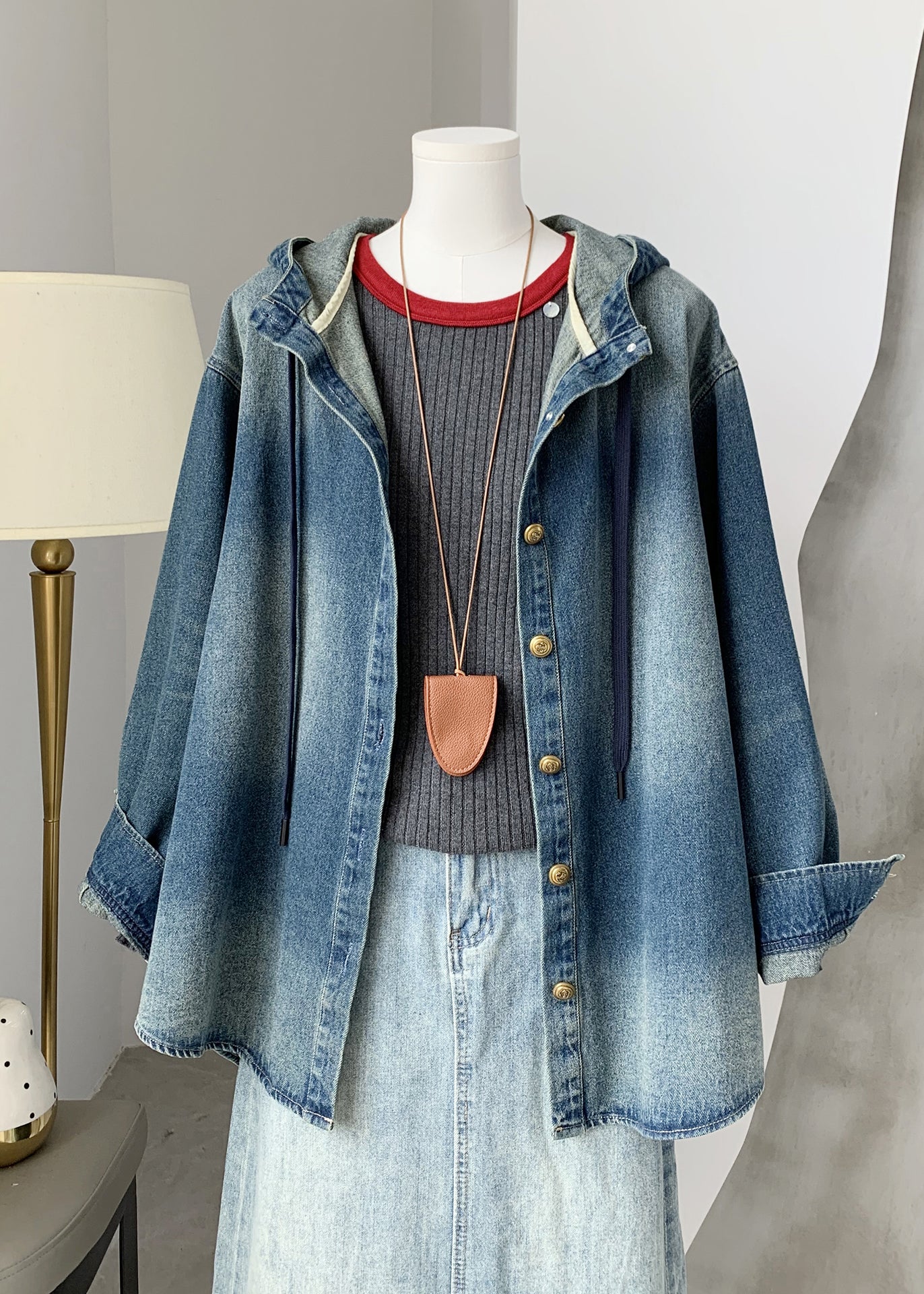 Blue Button Denim Hooded Coat Fall