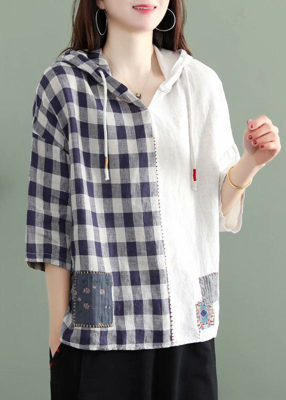 White Hooded Plaid Patchwork Fall Half Sleeve Shirt Top