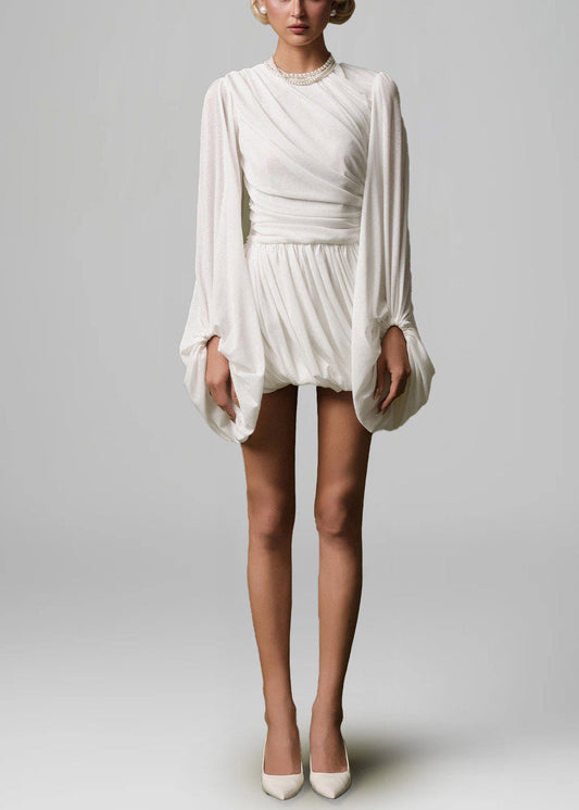 White Wrinkled Cotton Mini Dresses Lantern Sleeve