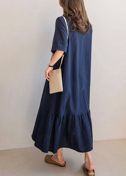 Navy Side Open Long Dresses Short Sleeve