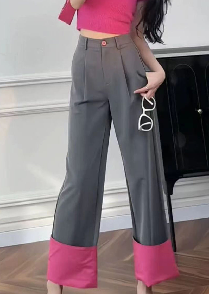 Rose Pockets Patchwork High Waist Straight Pants