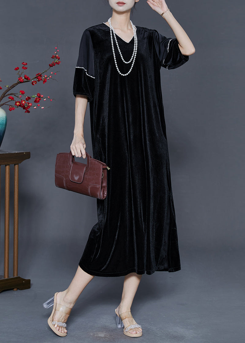 Black Oversized Side Open Silk Velour Party Dress Summer