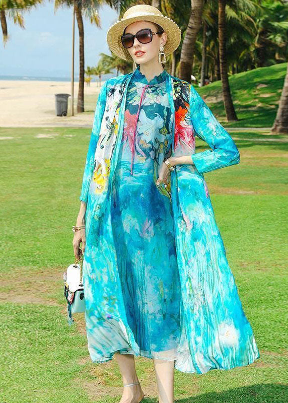 Blue O-neck Tasseled Print Silk Two Piece Set Outfits Summer