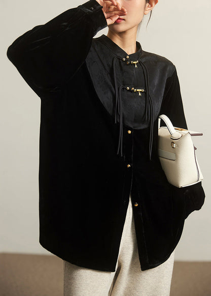 Loose Black Stand Collar Button Patchwork Silk Velour Top Long Sleeve Spring