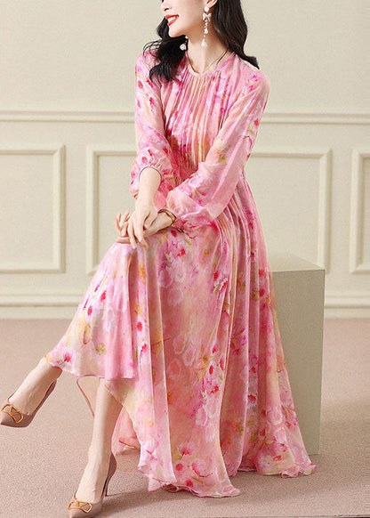 Green Wrinkled Print Chiffon Maxi Dress Long Sleeve
