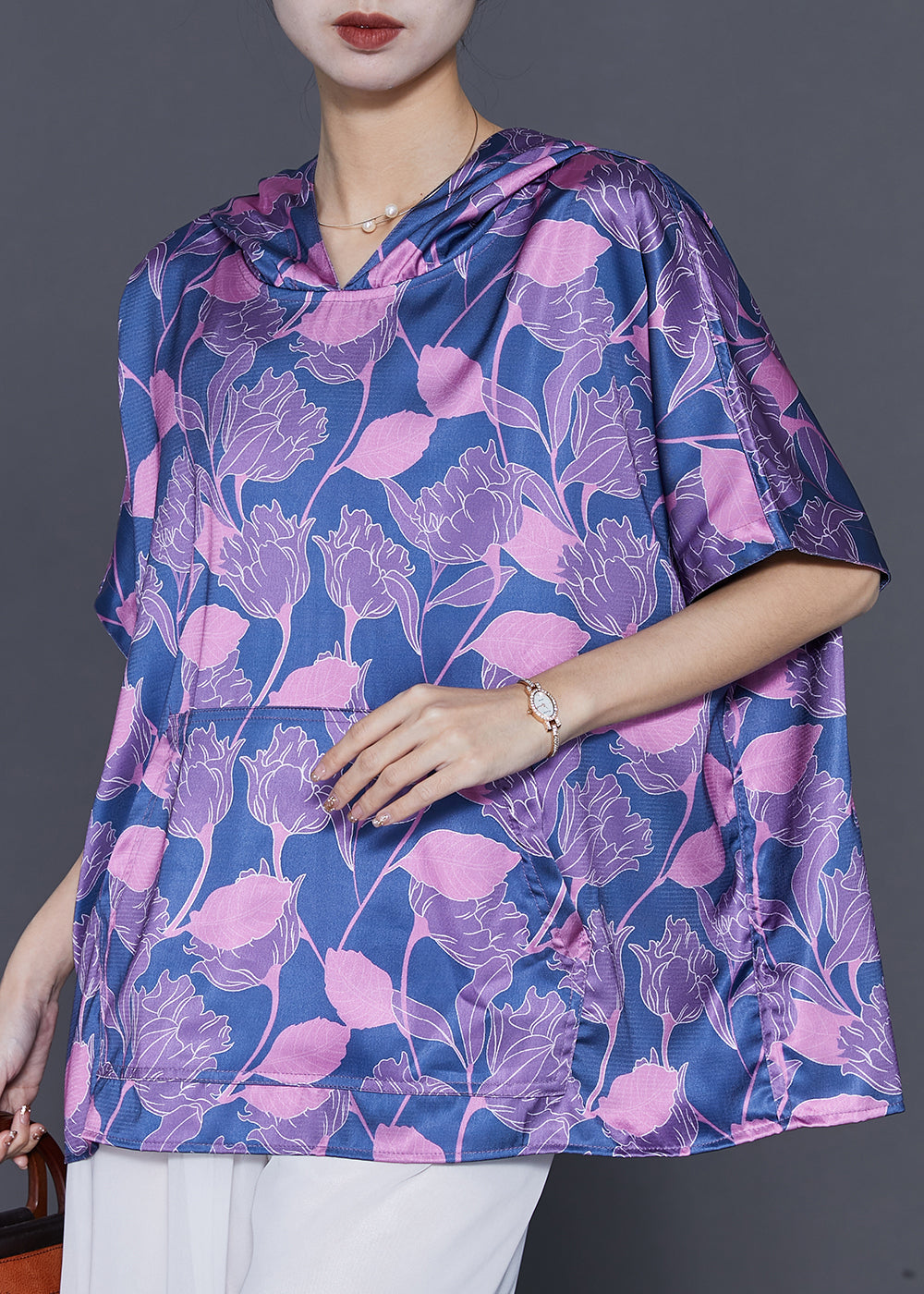Blue Oversized Print Silk Sweatshirt Summer