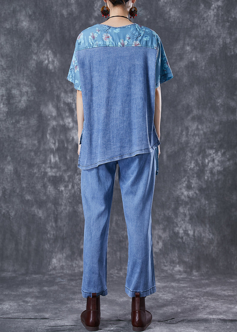 Blue Oversized Asymmetrical Patchwork Denim Two Pieces Set Summer