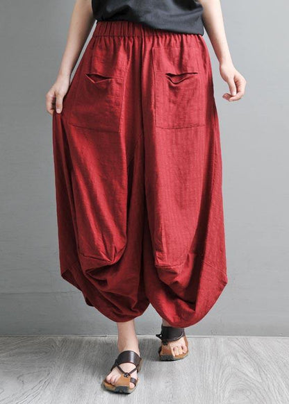 Red Pockets Cotton Linen Big Crotch Pants Summer Pants