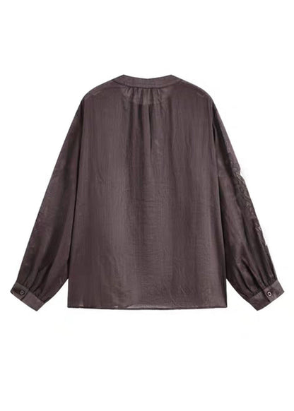 Coffee O-neck Button Embroidered Ramie Shirt Spring