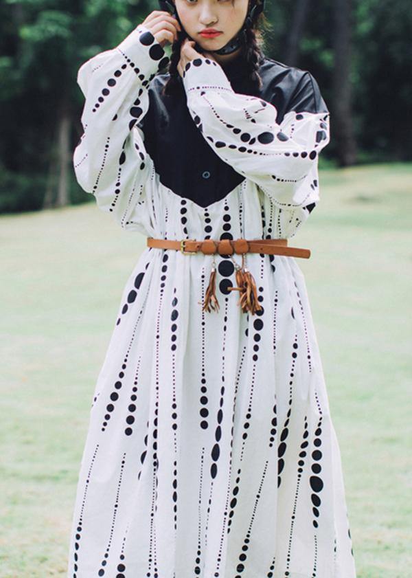 Black White Dot Circle Peter Pan Collar Cotton Long Sleeve Dress