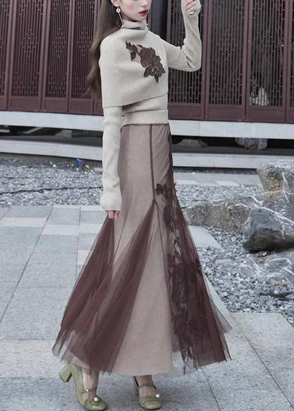 Art Khaki Embroideried Patchwork Silm Fit Knit Two Piece Top Set Winter