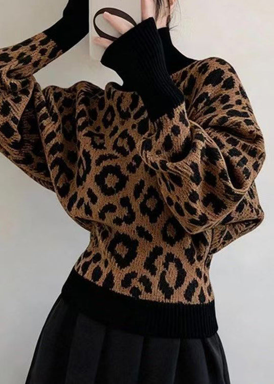 Leopard Hign Neck Puff Sleeve Knitted Sweaters Tops