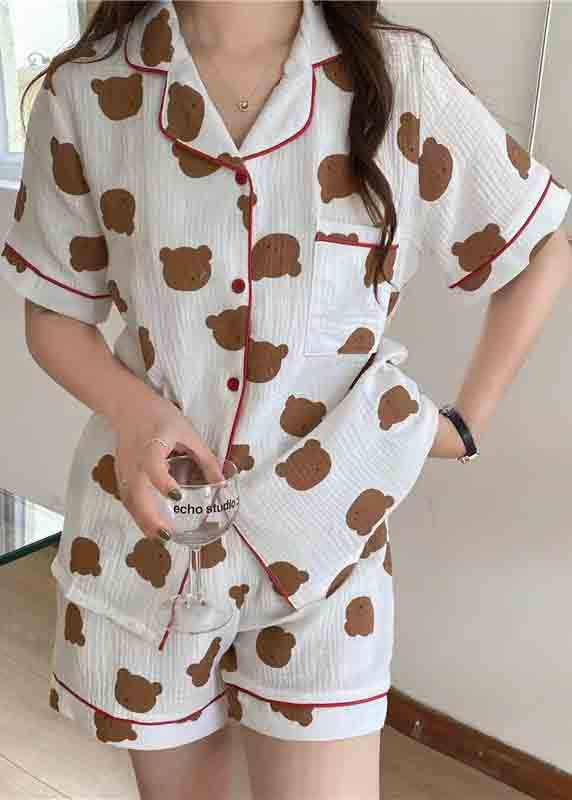 Oversized Bear Print Cotton Pajamas Two Pieces Set Summer