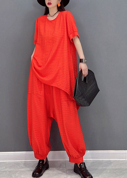 Red Linen Top and Harem Pants Two Pieces Set Summer