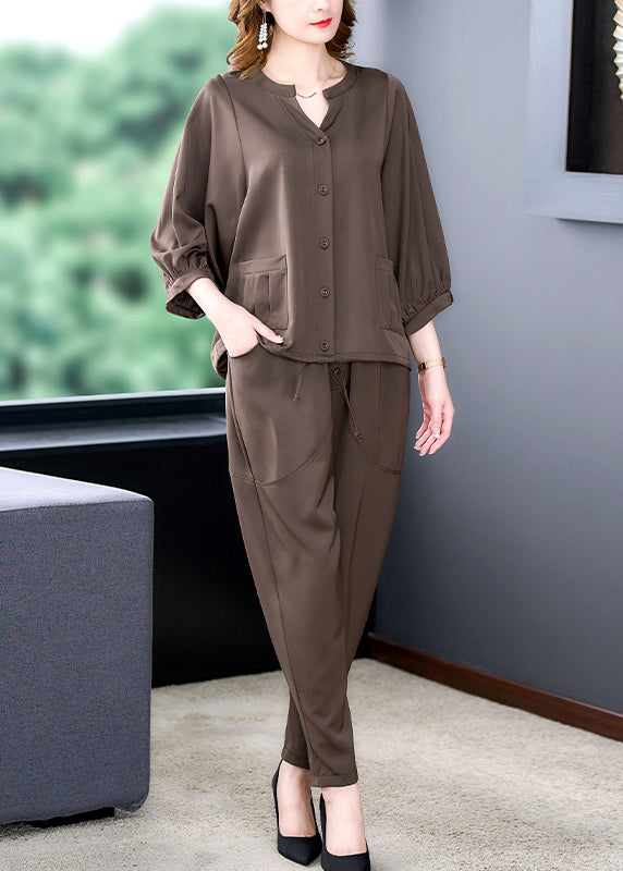 Coffee Patchwork Pockets Top and Harem Pants Two Pieces Set Bracelet Sleeve