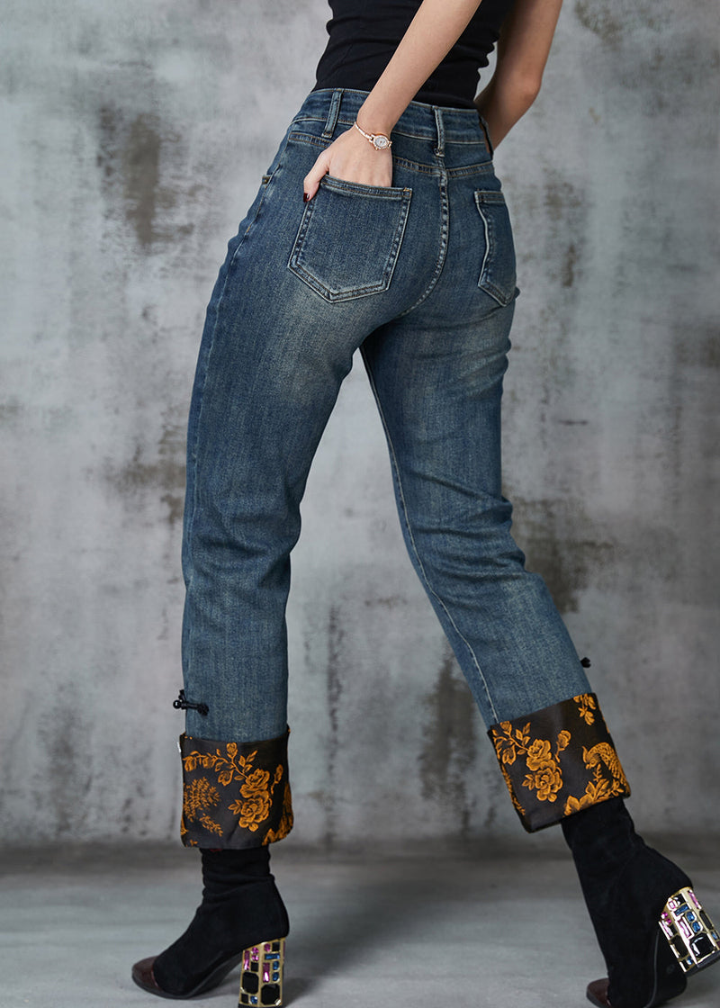 Navy Patchwork Jacquard Denim Straight Pants Spring