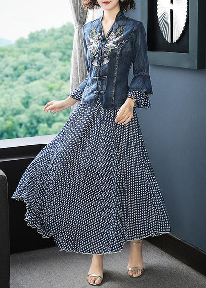 Art Blue Stand Collar Embroideried Denim Coats Flare Sleeve and Dot Print Chiffon Skirts Two Piece Set Clothing