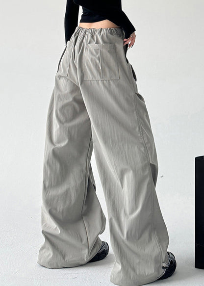 Grey Pockets Tie Waist Wide Leg Pants Spring