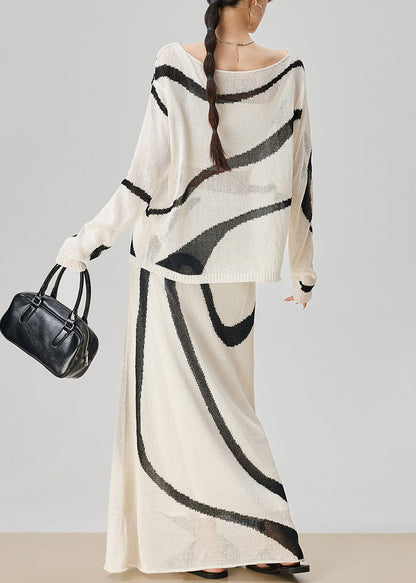Boutique White Striped Tops and Skirts Knit Two Pieces Set Fall