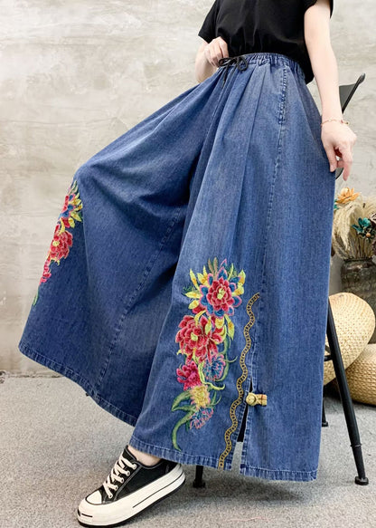 Dark Grey Embroidered Tie Waist Wide Leg Pants