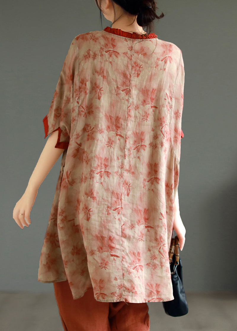 Red Ruffled Print Patchwork Linen Mid Dress Summer